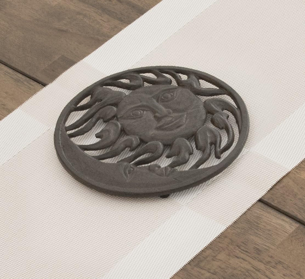 Cast Iron Trivet for Hot Dishes, Pots, and Pans, Metal Trivet, Sun & Moon Design, Rubber Feet Caps, Ring Hanger, 8