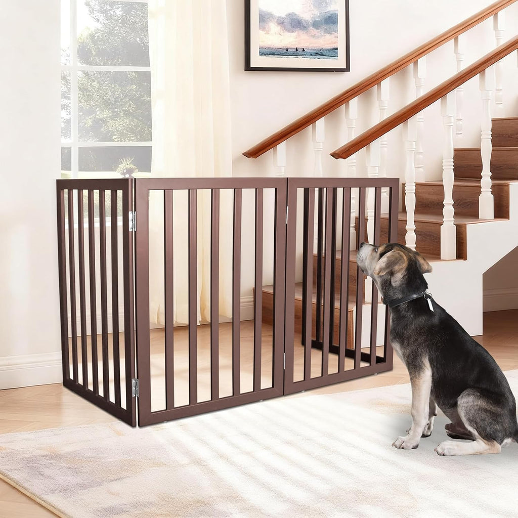 Freestanding Indoor Dog Gate Foldable Wood Brown Puppy Gate for Doorways Pet Gate for Stairs Extra Wide Pet Fence 24"