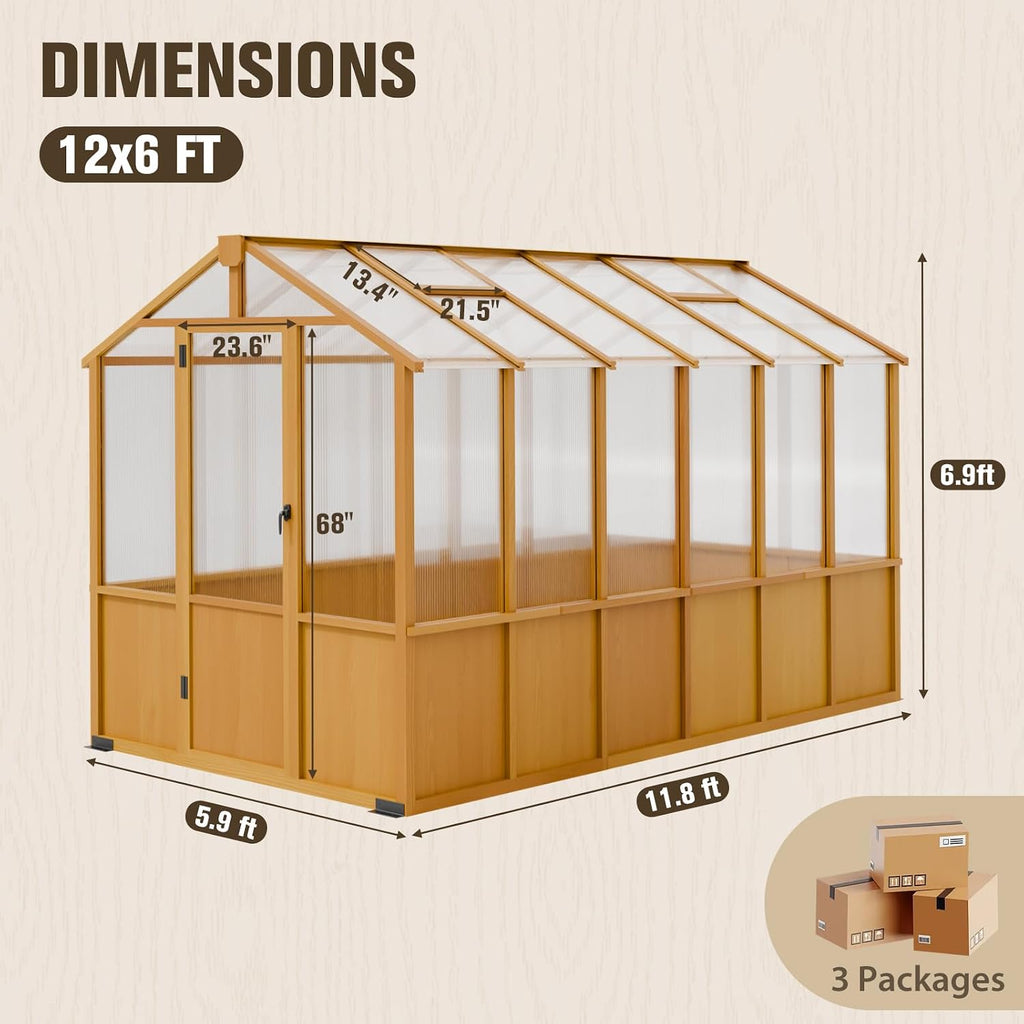 6x12ft Cedar Wood Greenhouse with Roof Vents, Outdoor Greenhouse Kit, Weather Resistant Plant Garden House, Natural