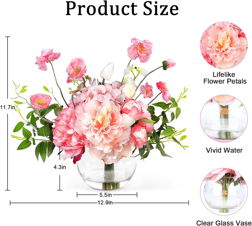 Peonies Artificial Flowers in Vase, Pink Artificial Flowers with Faux Water, Silk Peonies Flowers Arrangements Indoor