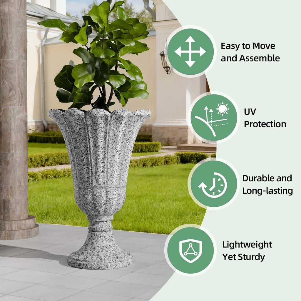 Tall Plastic Urn Planters and Pedestal - 24" Outdoor Planter Grey