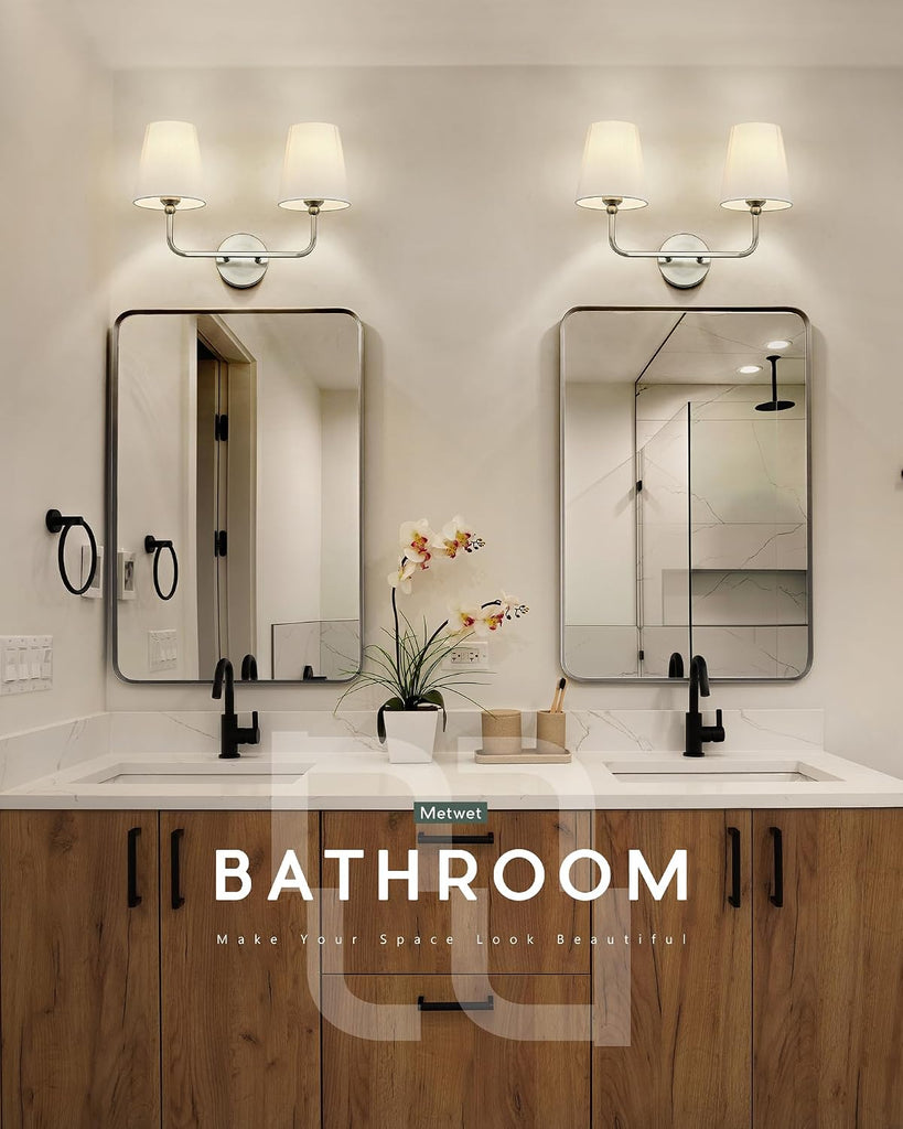 2-Light Brushed Nickel Bathroom Vanity Light, White Fabric Shades | 17" double wall sconce, upward only, E26 base