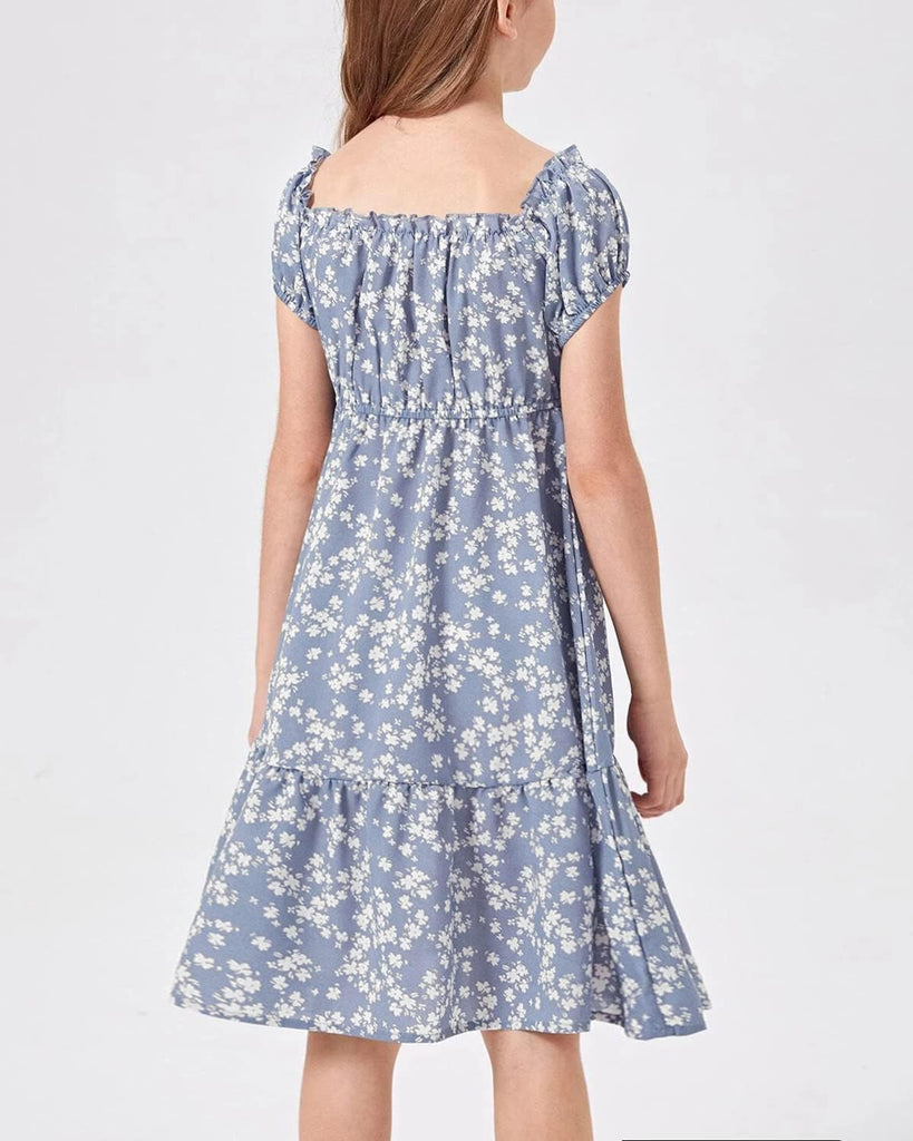 Summer Dress Kids Floral Puff Sleeve Smocked Midi Dresses