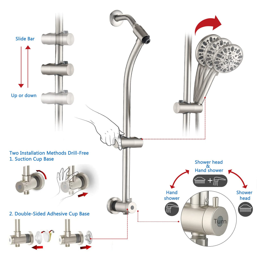 Rainfall 8 Inch Round Shower Head with High Pressure Handheld Spray Combo, Drill-Free Slide Bar with Adjustable