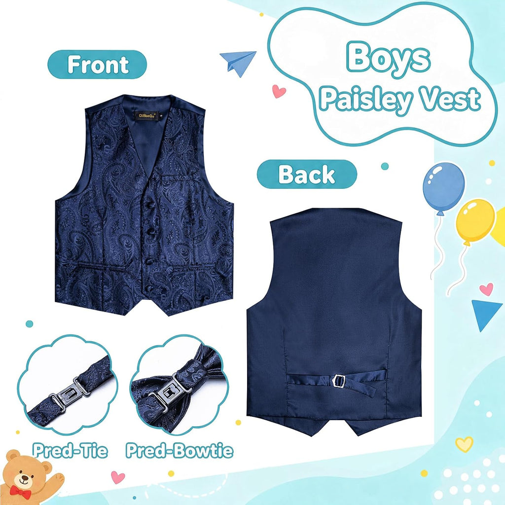 Boys Vest Tie Bowtie Silk Paisley Formal Suit Vest