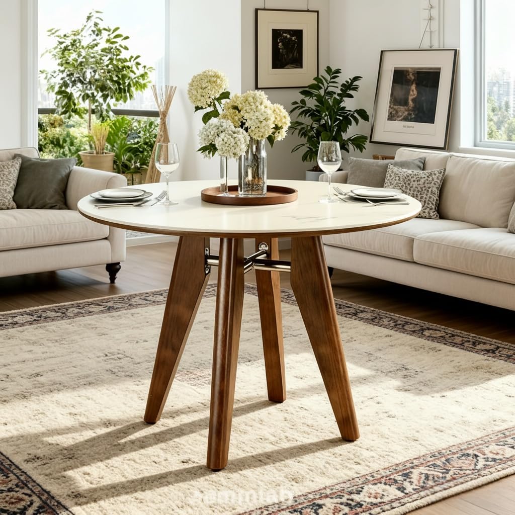 31.5" Round Dining Table, Modern Sintered Stone Kitchen Table with Solid Wood Legs, Small Space, Glossy White & Brown