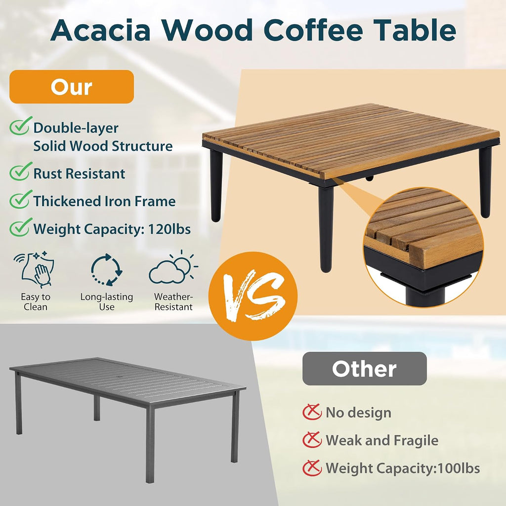 Luxury 4-Piece L-Shaped Outdoor Patio Sofa Set with Acacia Wood Side & Coffee Table, Removable Cushions & Pillows