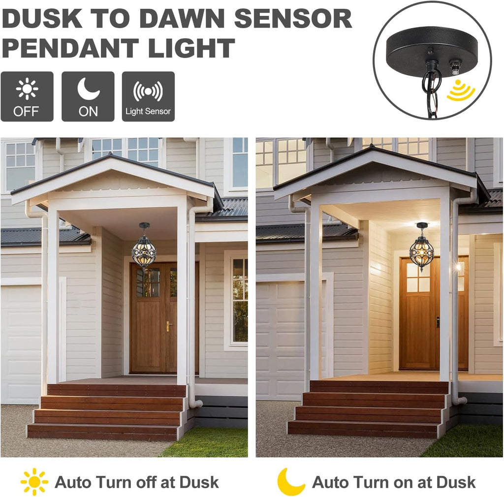 Dusk to Dawn Outdoor Pendant Lighting for Porch, Black Aluminum Anti-Rust Hanging Lights Fixture