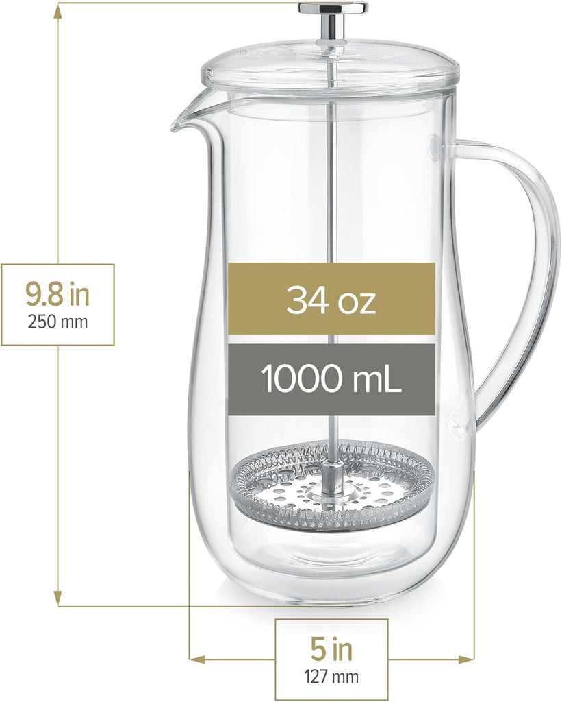 Insulated Double-Walled Glass French Press - 100% Plastic-Free Tea & Coffee Press for Pure, Rich Flavor | 34 oz