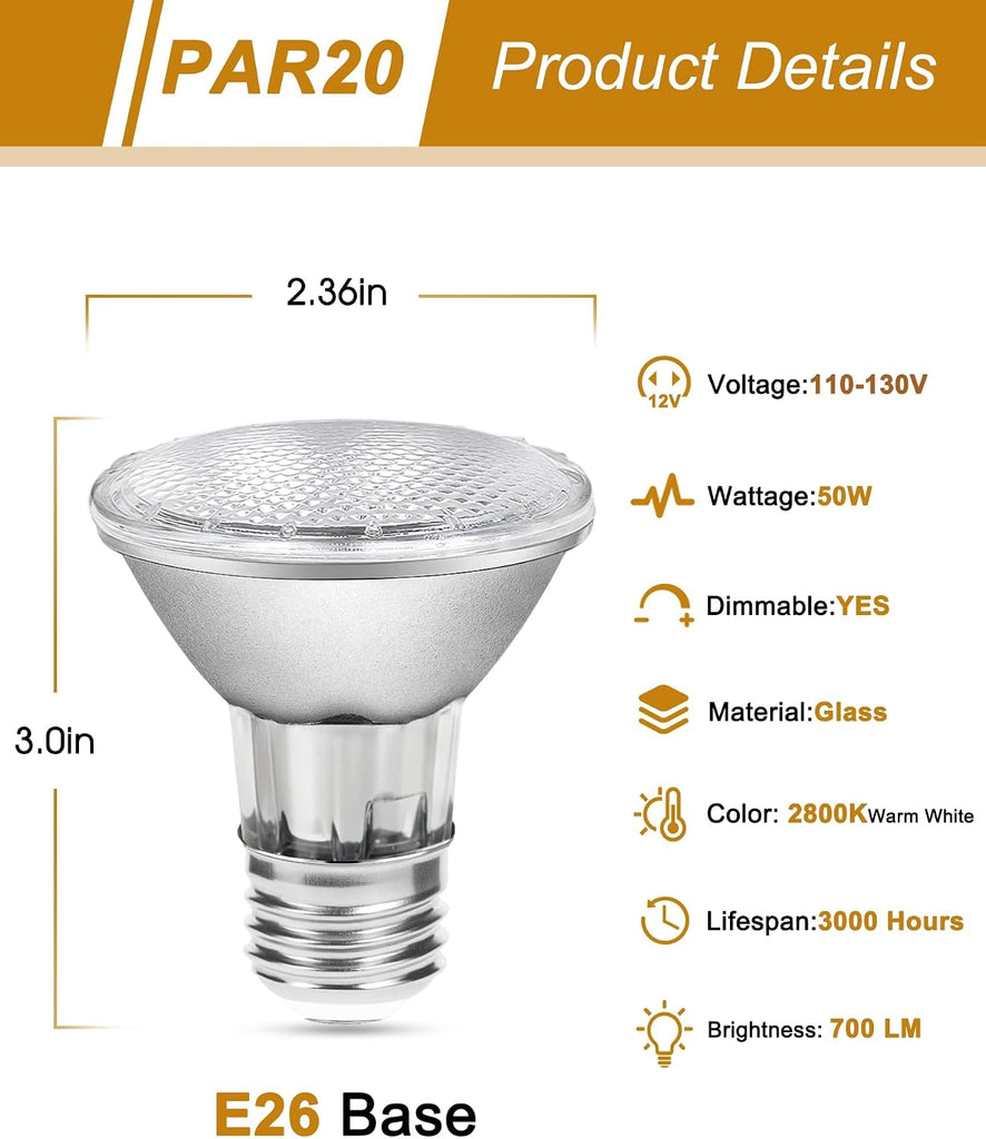 PAR20 50W Halogen Light Bulbs, 120V Dimmable 2800K for Range Hood