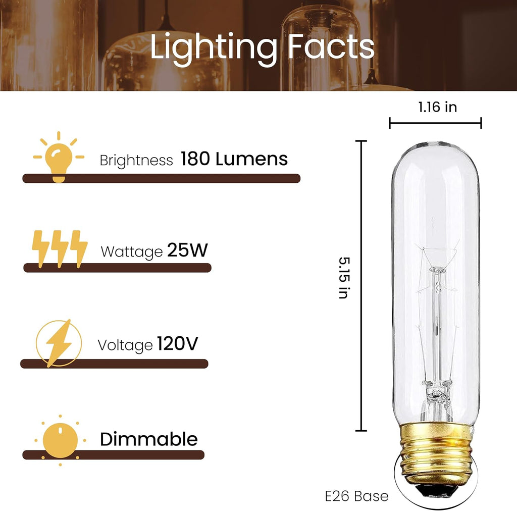 Edison Light Bulbs,120V, E26 Base, T10 Tubular Bulbs, 25W Clear Incandescent, Warm White, Dimmable Vintage Tubular