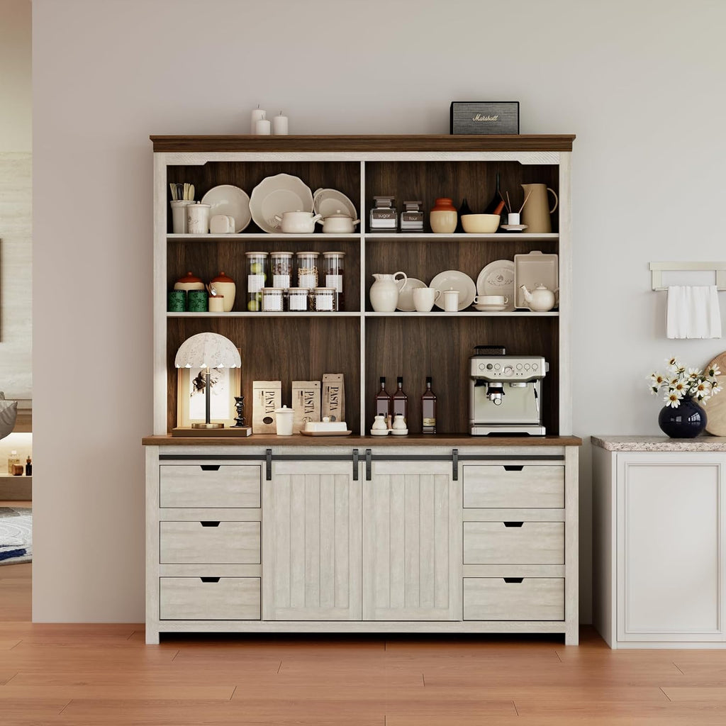 78 * 67" Large Farmhouse Pantry Cabinet with Countertop, Buffet Cabinet,Tall Kitchen Hutch with Partitions and 6