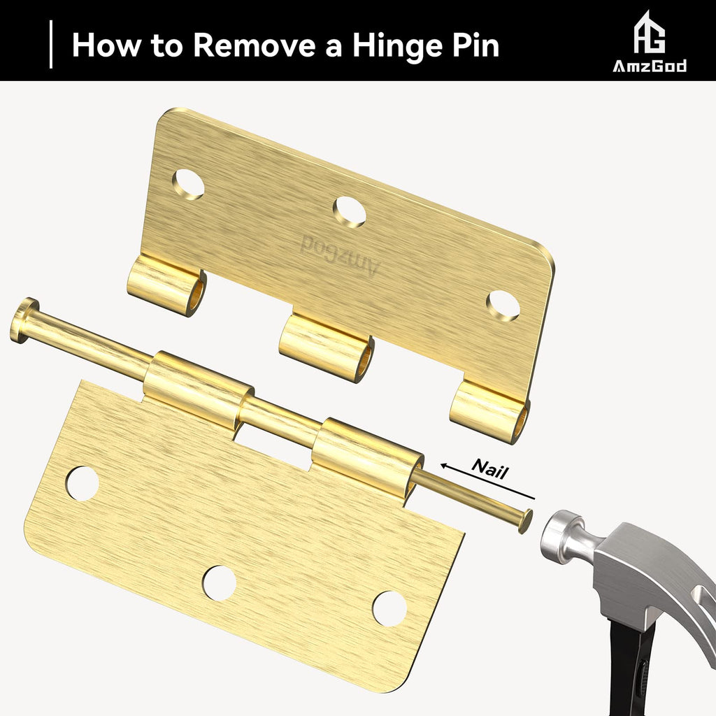 Door Hinges Satin Brass - 3 Pack Gold Door Hinges 3.5 Inch Rounded Interior Door Hinge with 1/4" Radius - 3 1/2
