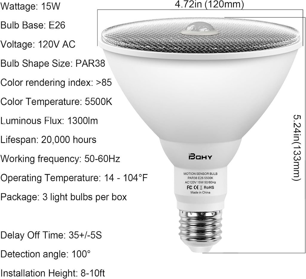 Motion Sensor Light Bulbs, 5500K Daylight Motion Activated Dusk to Dawn Security Light Bulb, 15W(100W Equivalent) E26