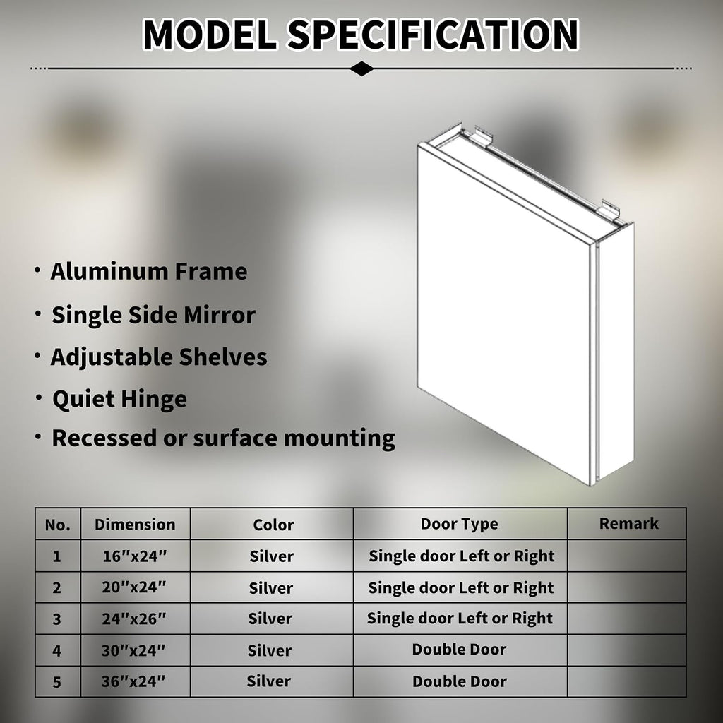 24x26 Inch Recessed Medicine Cabinet with Mirror, Aluminum Medicine Cabinet Mirror, Recessed or Surface Mount with 2