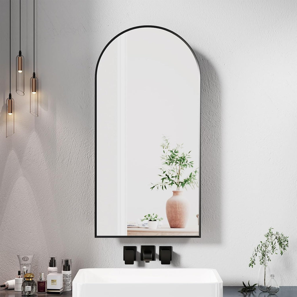 Arched Medicine Cabinet with Mirror, Arched Mirror Cabinet | Black Metal Edge,Medicine Cabinet Surface Mount