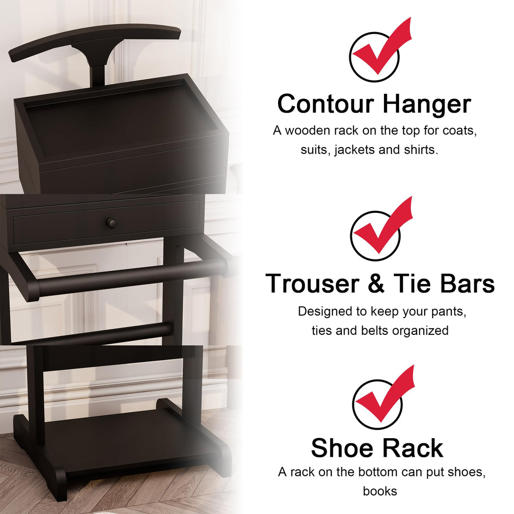Suit Valet Stand for Men, Wood Clothes Rack with Drawer, Coat Hanger, Tray