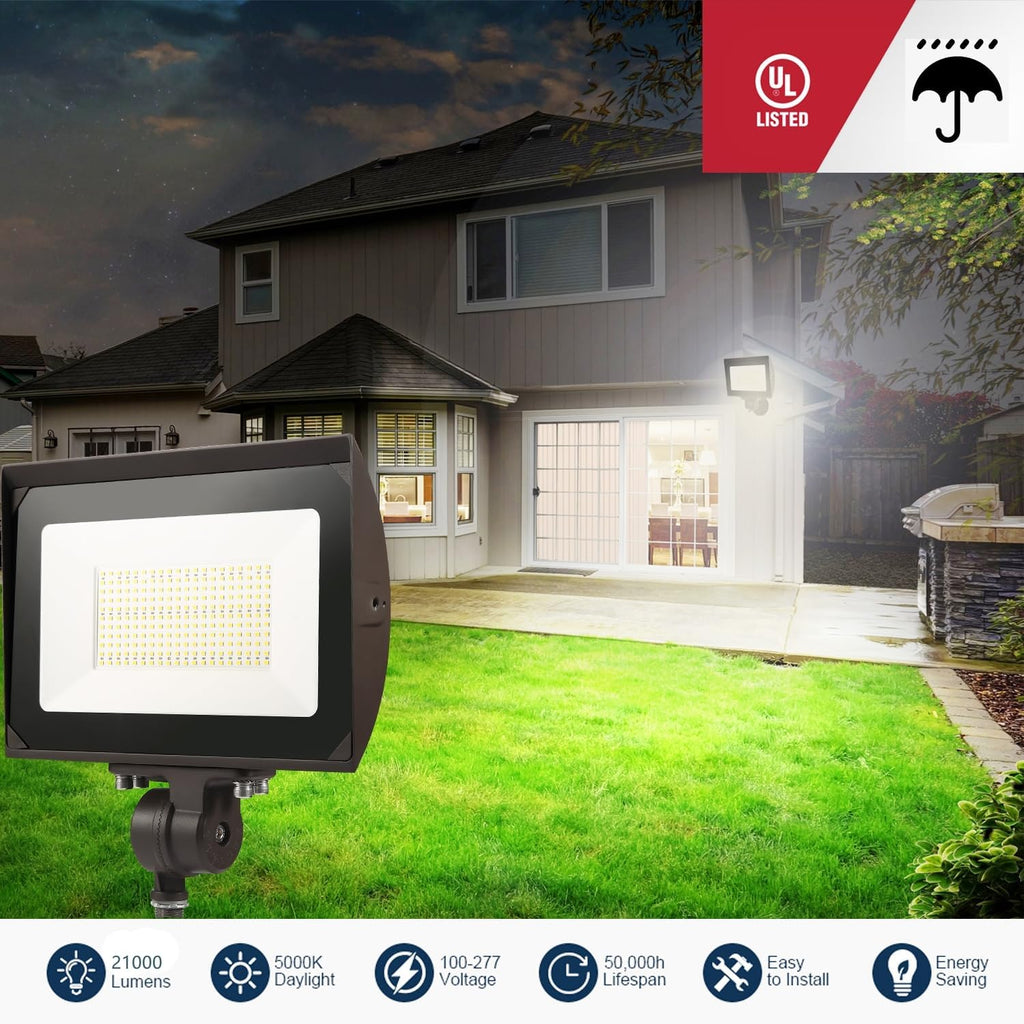 150W Outdoor LED Flood Light with Plate, 5000K Daylight 21000LM 100-277V, UL/DLC Waterproof LED Security Flood