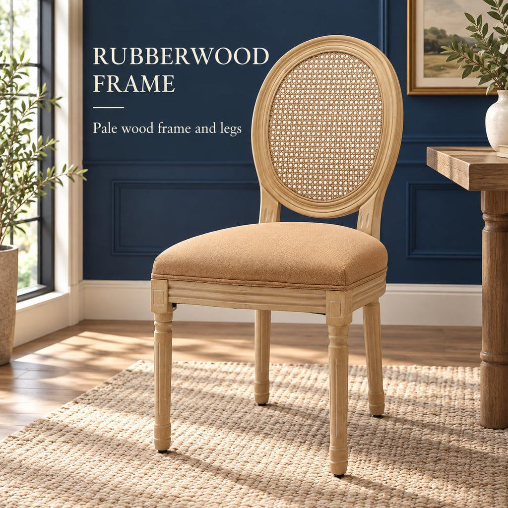 Vintage French Country Dining Chairs Set of 6, Rattan Dining Chairs with Solid Wood Legs, Amber Upholstered Chair
