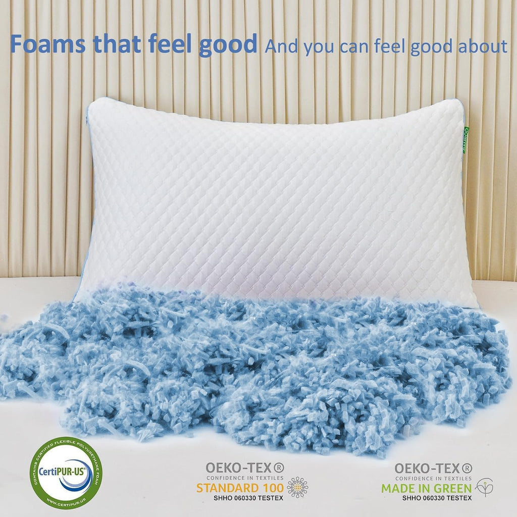 Shredded Memory Foam Pillows for Sleeping 2 Pack - Cooling Bed Pillows Standard Size Set of 2 - Firm Pillow for Side