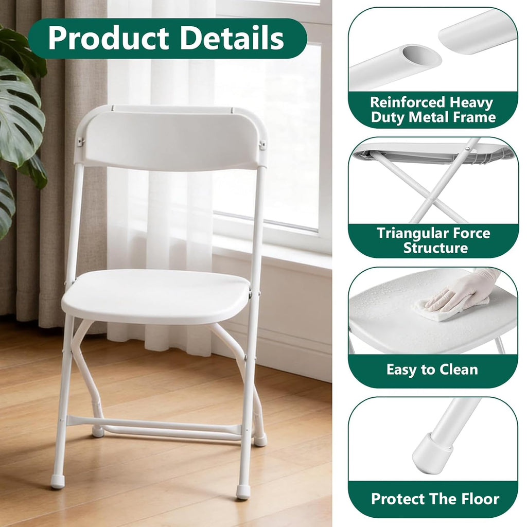 4 Pack White Plastic Folding Chairs, Outdoor Portable Folding Chair with Steel Frame, 350lbs Capacity Stackable
