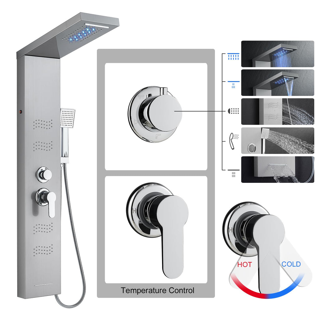 Shower Panel Tower System with LED Lights, Brushed Stainless Steel
