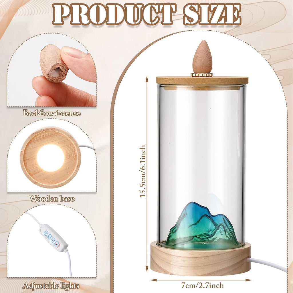 Glowing Backflow Incense Cone Burner with LED Lights Waterfall Incense Burner Holder Glass and Bamboo
