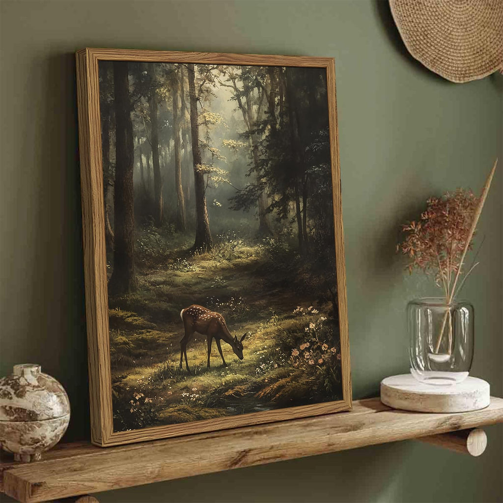 Framed Vintage Forest Deer Canvas Wall Art, Rustic Nature Landscape Paintings Wall Decor, Woodland Animal Pictures