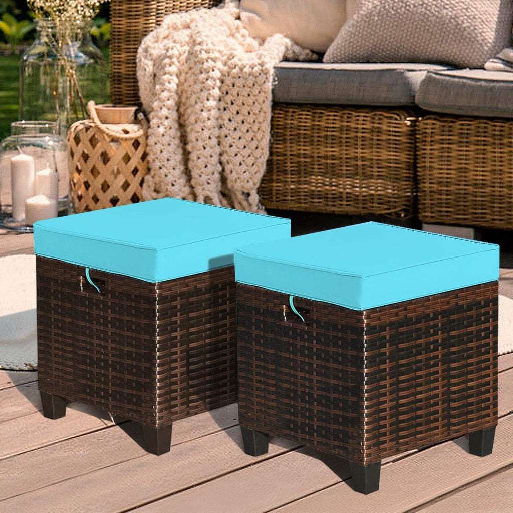 2pcs Patio Ottoman Set Outdoor Rattan Wicker Ottoman Seat with Removable Cushions Patio Furniture Footstool Footrest
