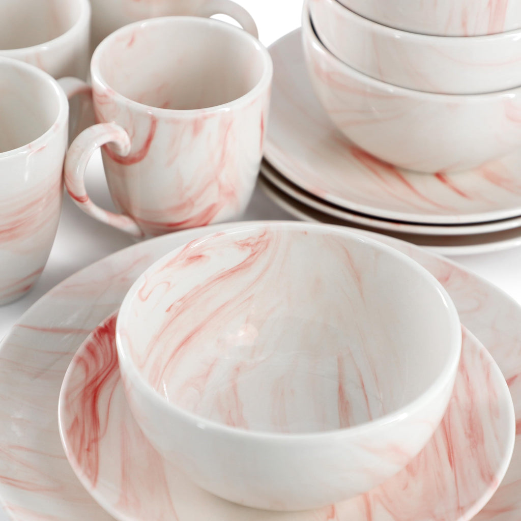 Fine Marble 16 Piece Porcelain Dinnerware Set, Tableware Set, Everyday Dining, Service for 4 (Red)