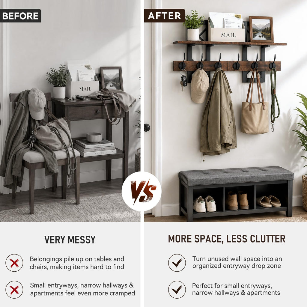 33.86" Wall Mounted Coat Rack with Shelf, Heavy Duty Entryway Wall Organizer with 6 Dual Hooks and Key Holder, Rustic