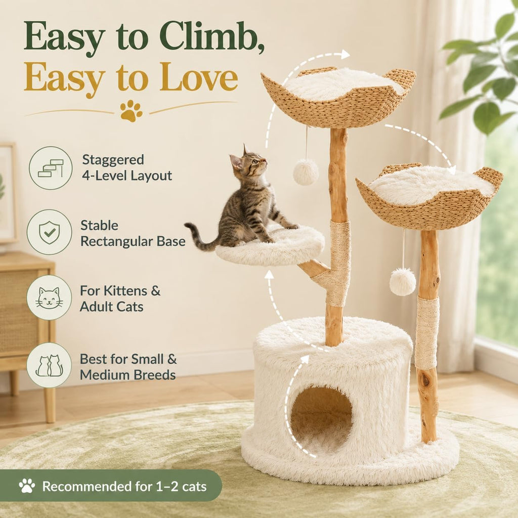 46.9-Inch Natural Wood Cat Tree with 2 Woven Baskets and Condo