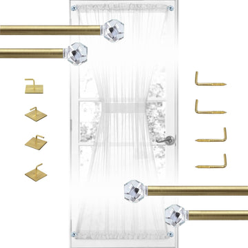 3/8" Sash Curtain Rods with Clear Crystal Ball Finials, 16 to 28 Inch Adjustable, for French Door & Sidelights, Brass