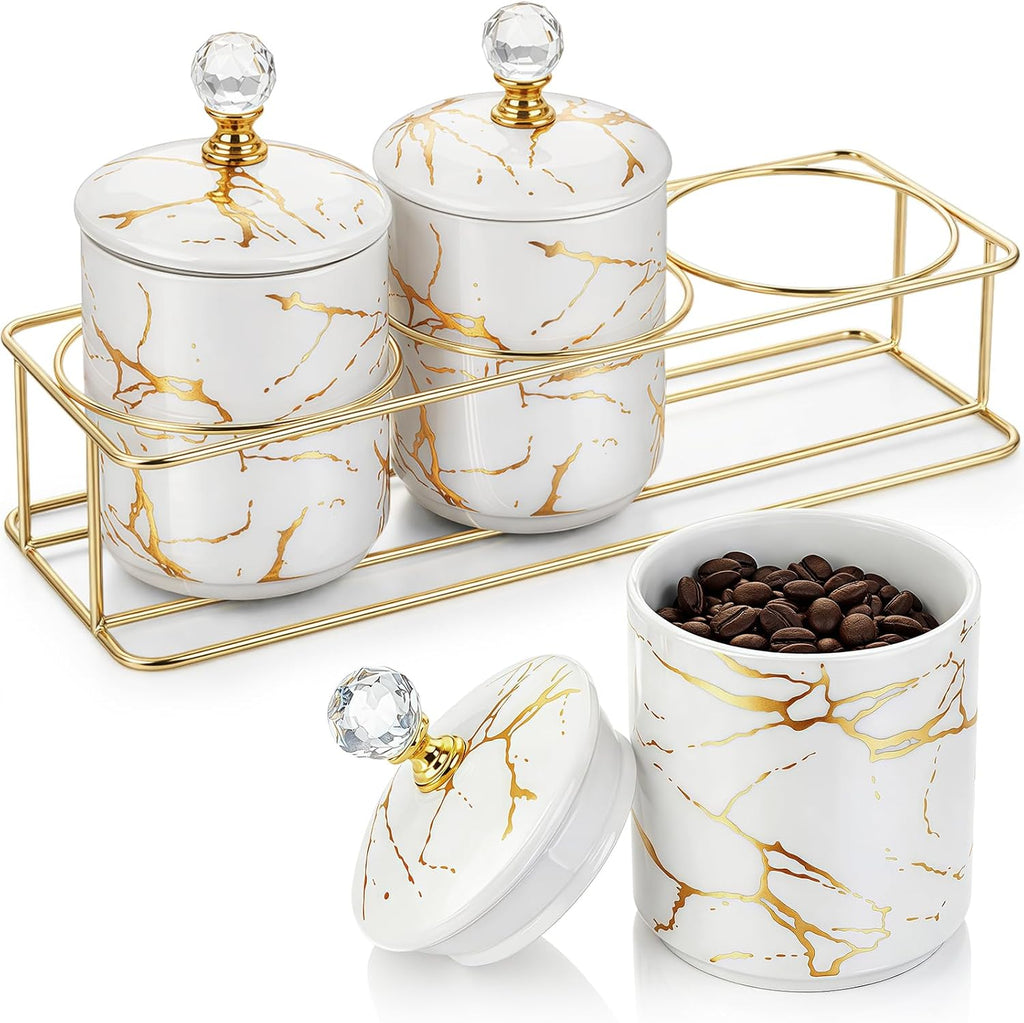 Ceramic Coffee Canister Set with Lids and Metal Stand, Securely Packed in Foam Mold, Marble Sugar Coffee Tea - Set of 3