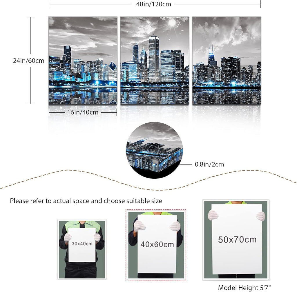 Chicago Skyline Wall Art , Modern City Pictures Canvas Wall Decor Bedroom 3 Pieces Set Night Scene Prints Paintings