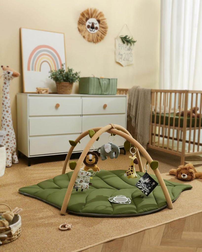 Play Gym & Activity Mat, Oversize Leaf Shaped Baby Play Mat w 6 Detachable Toys, Tummy Time Mat Promote Motor Skills