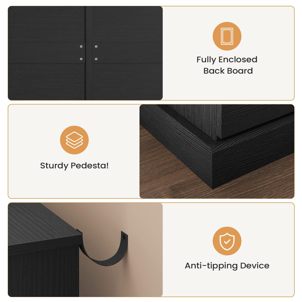 Black Dresser with LED Lights with Charging Station, 6 Drawer Double Dresser with No Handle Drawers, Modern Chest of