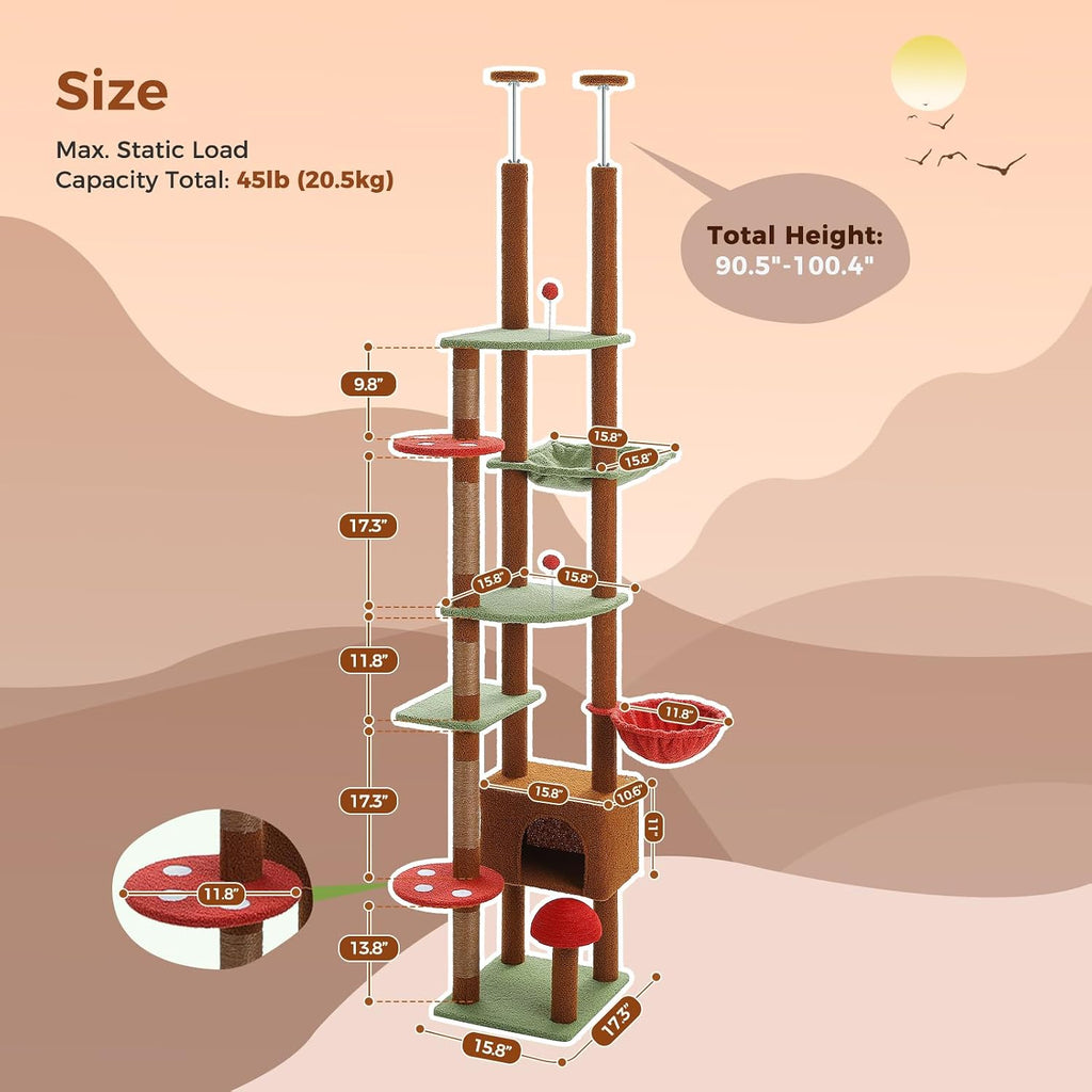 Floor to Ceiling Cat Tree, Height Adjustable 90.5-100.4'', Brown