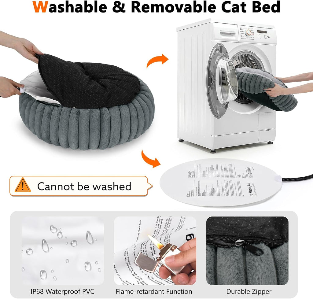 Heated Cat Beds for Indoor Cats and Small Dogs, Cozy Donut Heated Pet Bed with Timer & Temp Adjustable, Removable