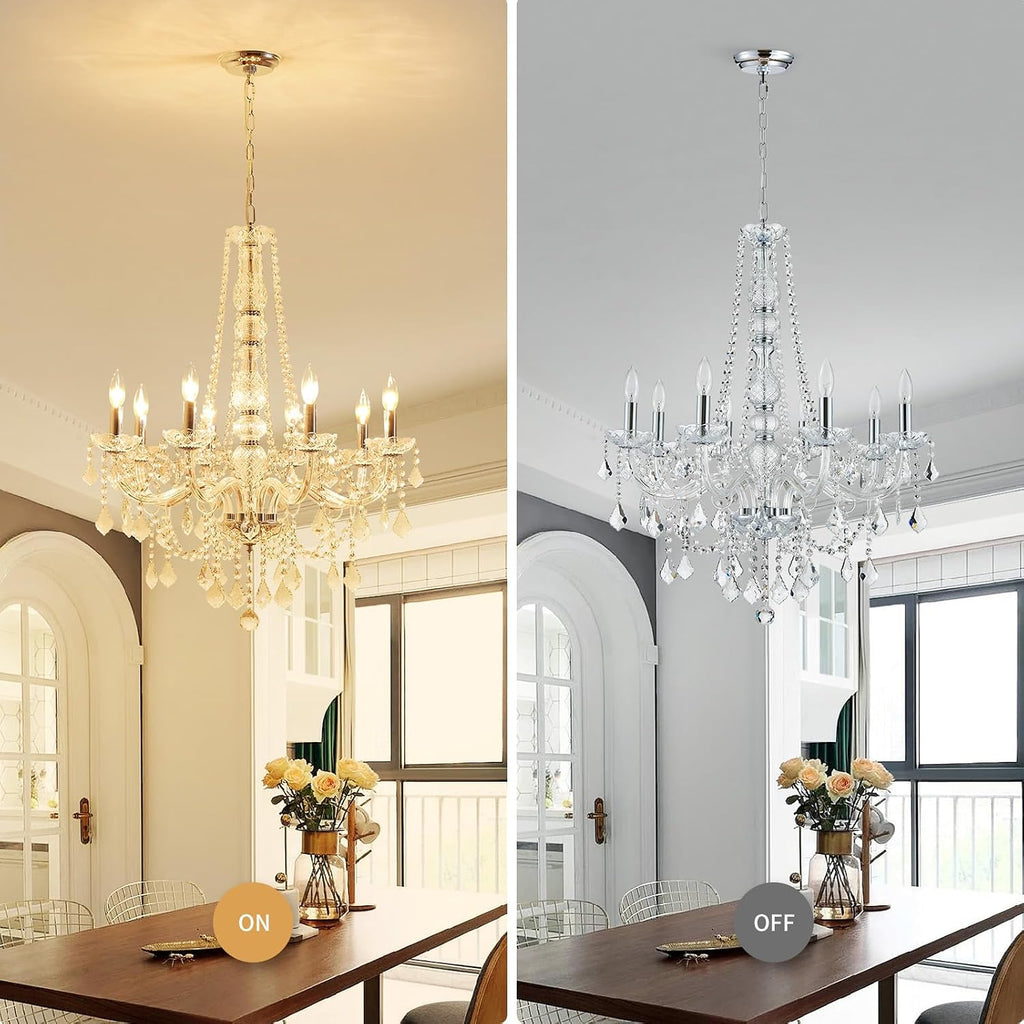 8-Light Chrome Crystal Candle Chandelier - Modern Pendant Ceiling Light, 27.6" W x 35.4" H
