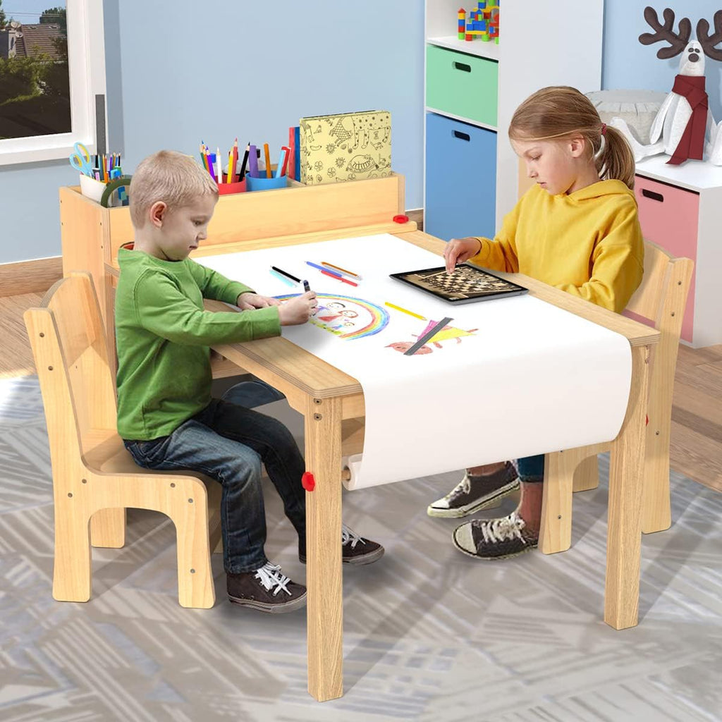 Kids Art Table Set with 2 Chairs, Solid Wood Legs, 150 lb Per Chair