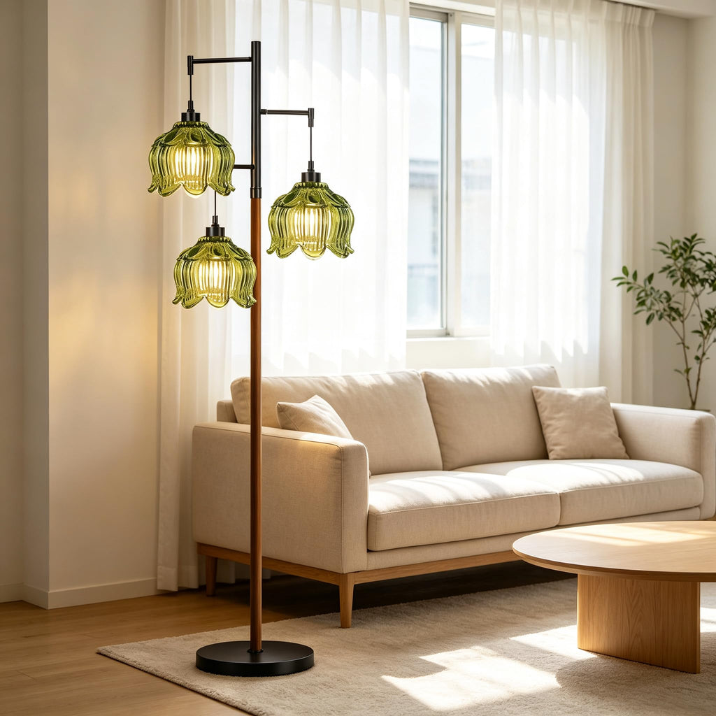 Glass Floor Lamp, Stained Green Mid Century Modern Standing Lamp Wood Tree 3 Light Tall Floor Lamps Vintage Retro