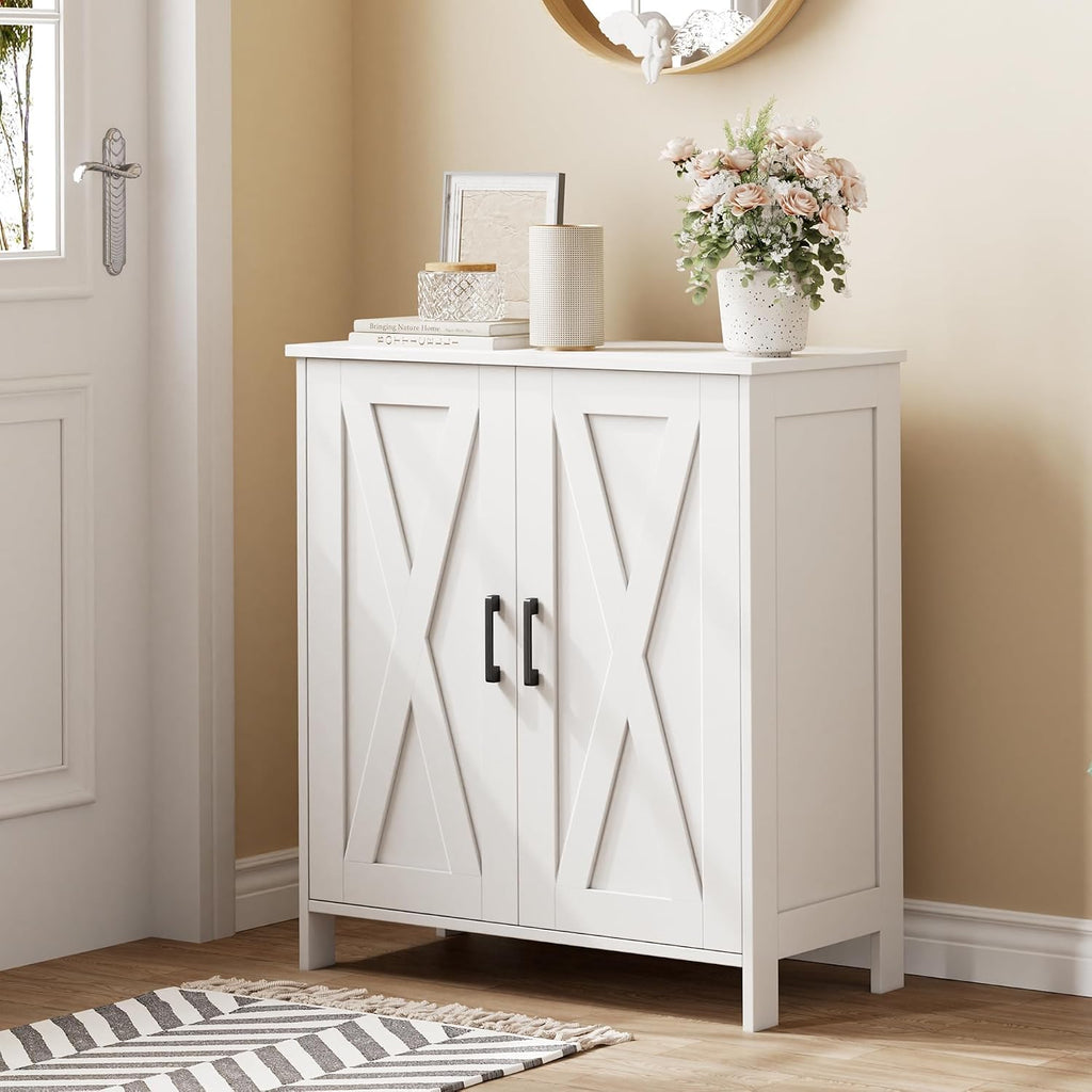 Farmhouse Shoe Cabinet with 2 Barn Doors & Wood Legs, 5-Tier Shoe Storage Cabinet with 3 Adjustable Shelves, Tall