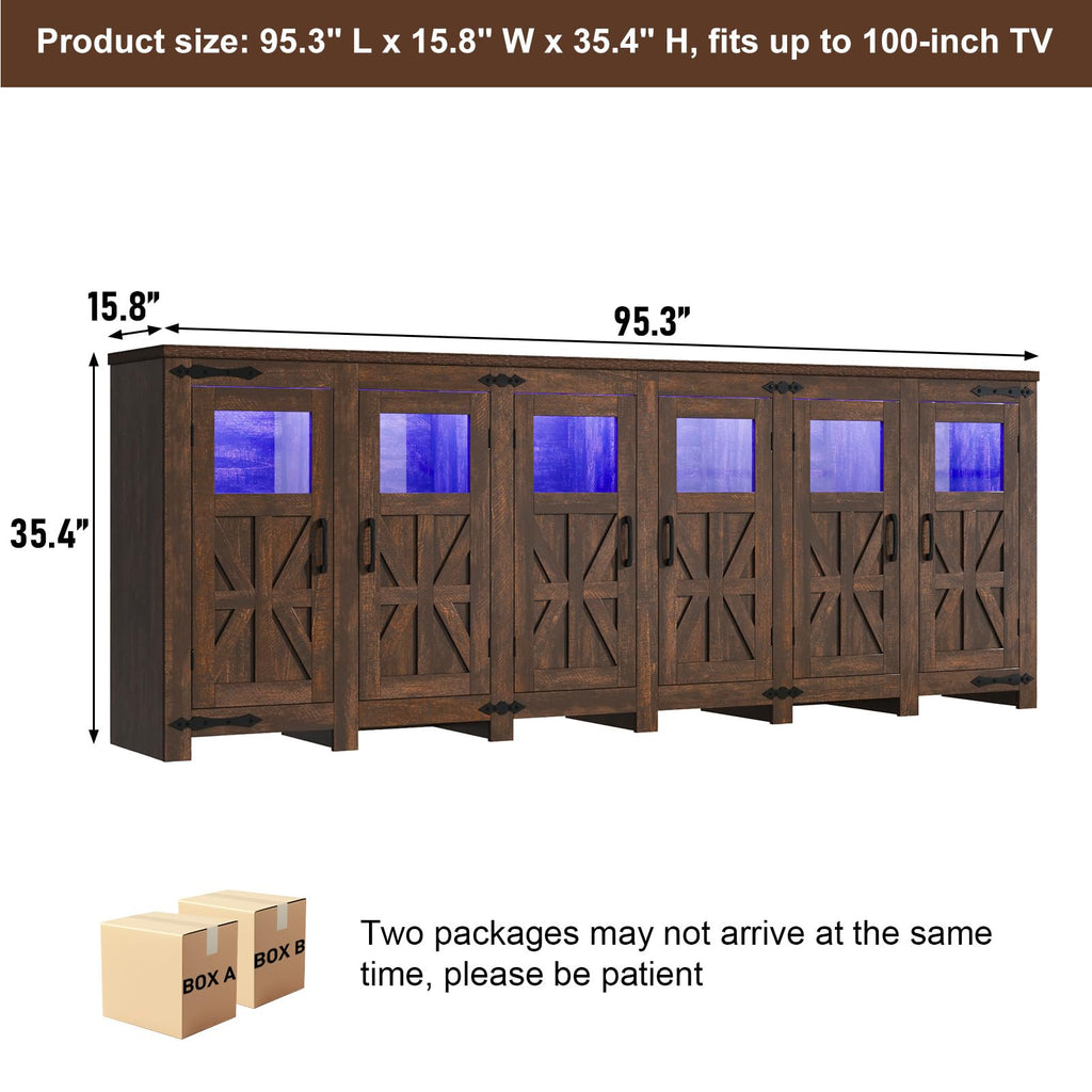 95" Large LED Farmhouse TV Stand for 100/90/80In TVs with Power Outlets, Tall Entertainment Center Storage