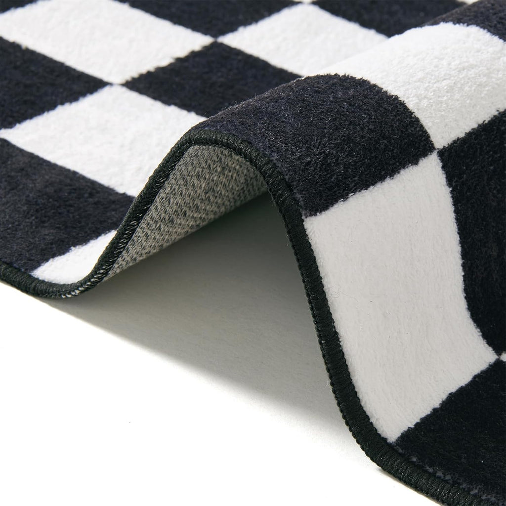 Retro Checkerboard Entryway Rugs Non Slip Indoor Geometry Carpet Washable, Ultra Thin Boho Black and White Cute