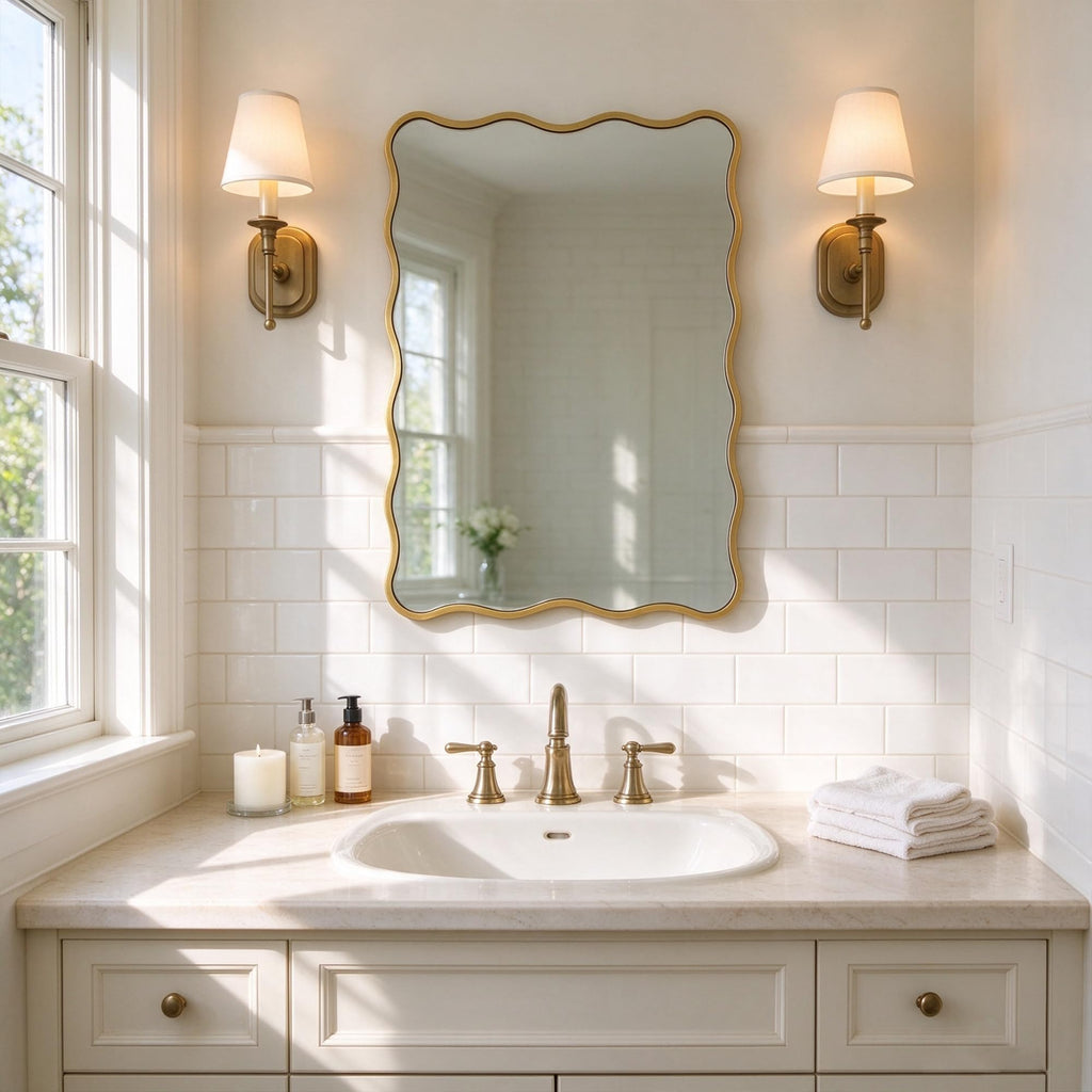 Gold Wavy Bathroom 20x30 Rectangle Scalloped Farmhouse Wall Mirror