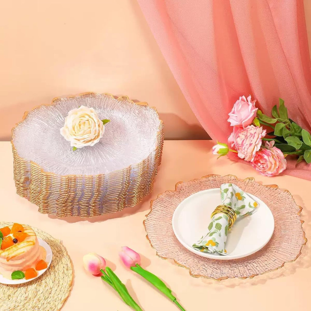 100Pcs Clear Charger Plates & Commercial Party Use 12.6in Plastic Dinner Charger Plates with Gold Beaded Rim for