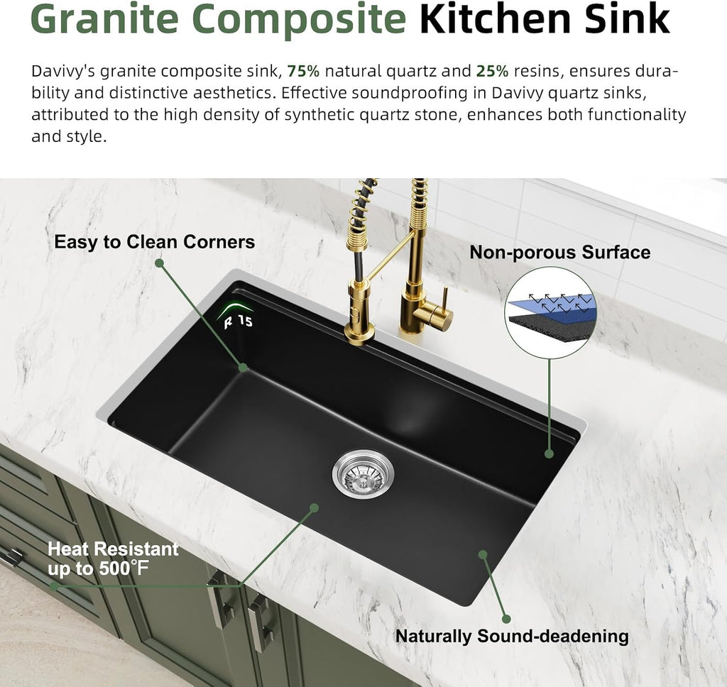 30 Inch Black Granite Sink Workstation, 30 x 18 Black Undermount/Drop Sink, Deep Quartz Composite Single Bowl with