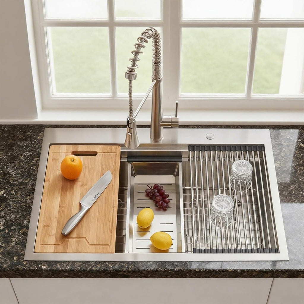 33x22 Inch Drop Sink Workstation, 33 Inch All In One SUS304 Stainless Steel Top Mount Single Bowl Overmount Double