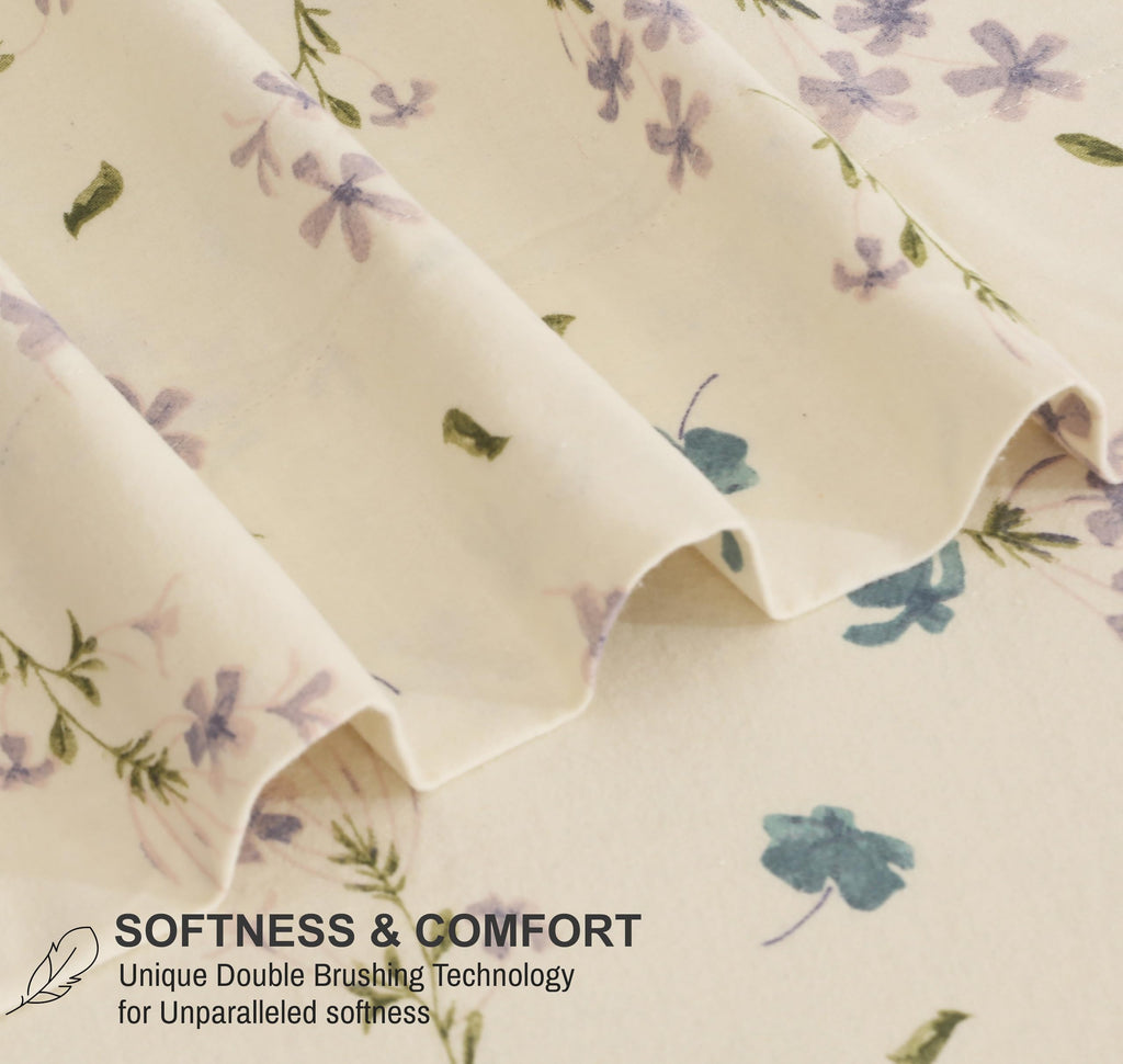 100% Cotton Flannel Sheets Split King Size, Jasmine Stamp Cream
